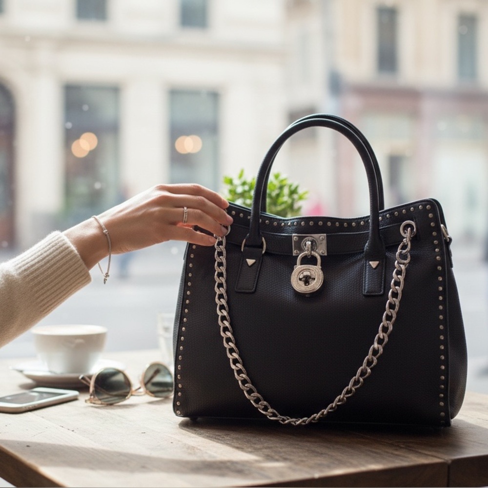 Michael Kors Black Pebbled Leather Satchel with Gold Accents - Picture 2 of 5